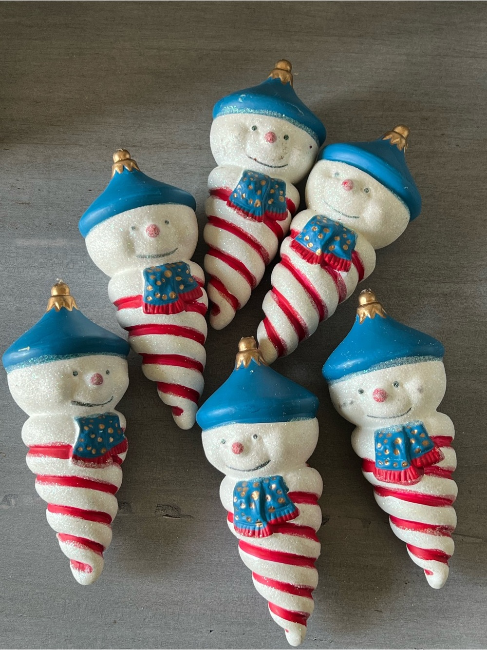 Set of 6 Vintage Blue & White Snowman Icicle Ornaments with Red Stripe Accents